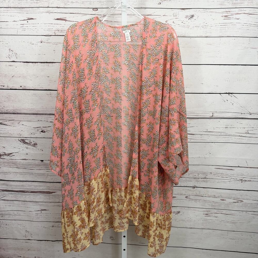 Aerie Floral Pink Kimono Cardigan Ruffle Bottom Cape Swimsuit Cover-Up Size O/S